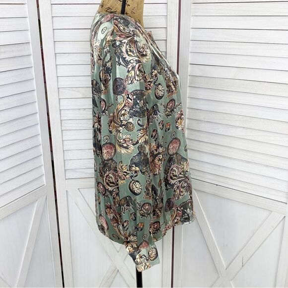 Sellecca Vintage Satin Printed Button Front Blouse Sage Green 10 - Picture 3 of 12